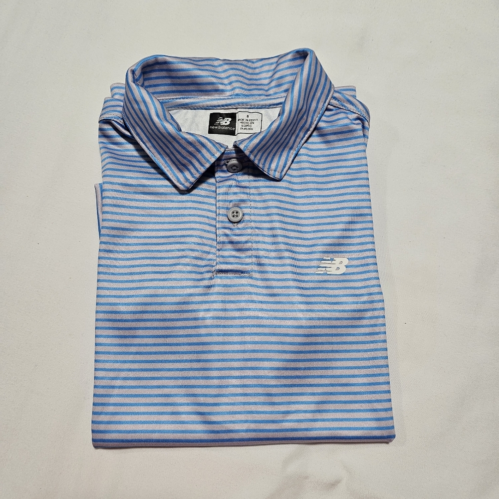 Kids size 8 New Balance blue and gray striped polo shirt.